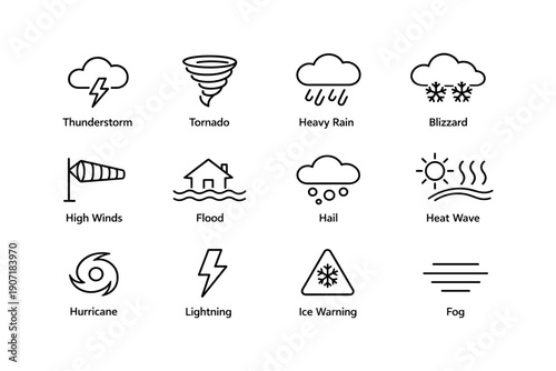 Weather icons: thunderstorm, tornado, heavy rain, blizzard, more