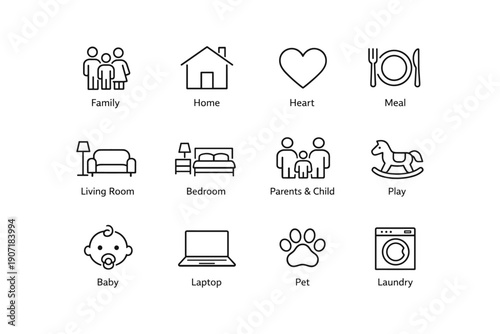 Outline icons of family, home, heart, meal, and daily activities