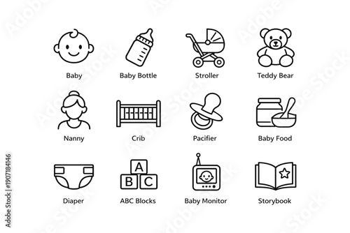 Baby essentials icons: bottle, stroller, pacifier, teddy bear, crib