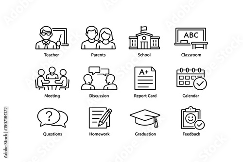 Education icons set: teacher, school, homework, graduation, feedback illustrations