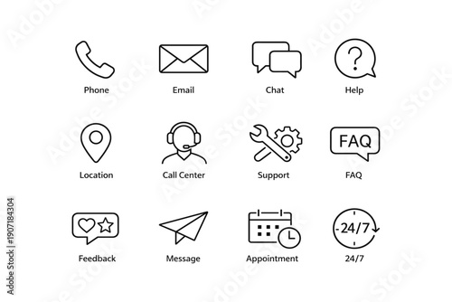 Customer service icons: phone, email, chat, help, support, faq, feedback
