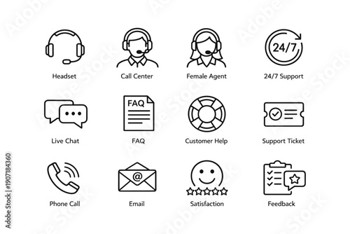 Customer service icons set: headset, call center, female agent, 24/7 support, live chat