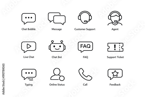 Communications icons: chat bubble, customer support, chat bot, faq, feedback