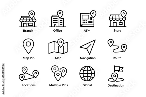 Vector icons: branch, office, atm, store, map, navigation, route, global, destination