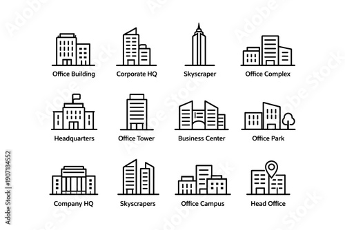 Icon set of various office buildings and corporate headquarters designs