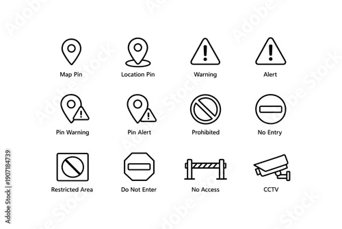 Map and warning icons: location, alert, prohibited, cctv symbols set