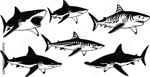 Shark silhouettes set ocean predator wildlife marine cad drawing flat vector illustration isolated black shapes collection