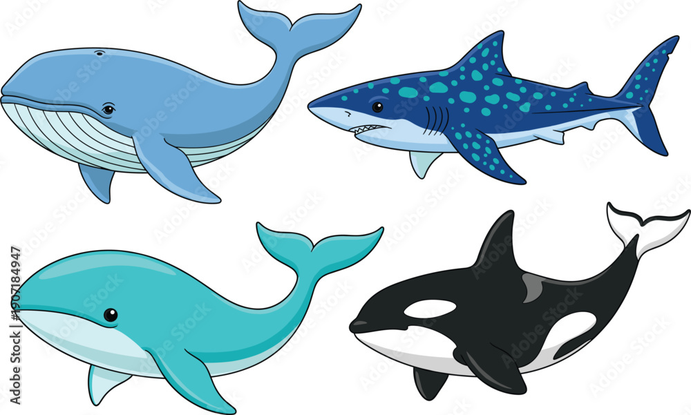 Fototapeta premium Cute Marine Life Illustration Set Featuring Blue Whale, Orca Killer Whale, and Whale Shark Characters for Children Education, Ocean Conservation, and Aquatic Designs