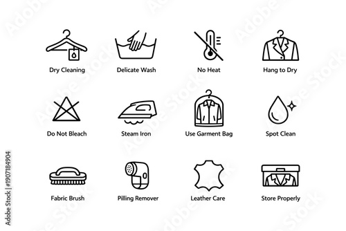 Laundry care symbols: delicate wash, no heat, spot clean, fabric brush, leather care