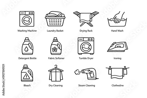 Laundry icons set: washing, drying, cleaning essentials with appliances and tools