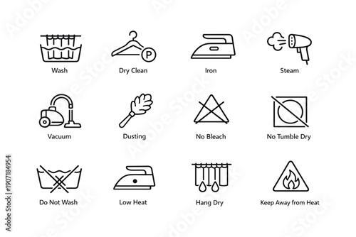 Laundry symbols icons: wash, dry clean, iron, steam, vacuum, dusting, no bleach, no tumble dry