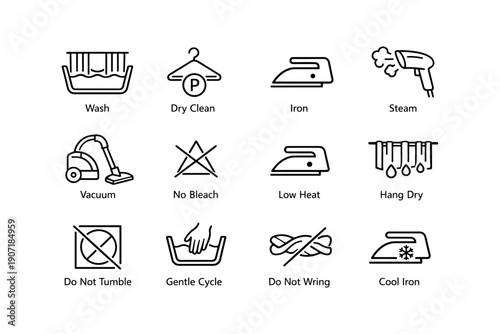 Laundry care symbols: washing, ironing, drying, and cleaning instructions