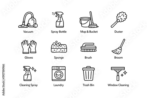 Household cleaning equipment icons: vacuum, spray bottle, mop, duster, gloves