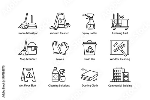 Cleaning tools and equipment icons for maintenance and sanitation services