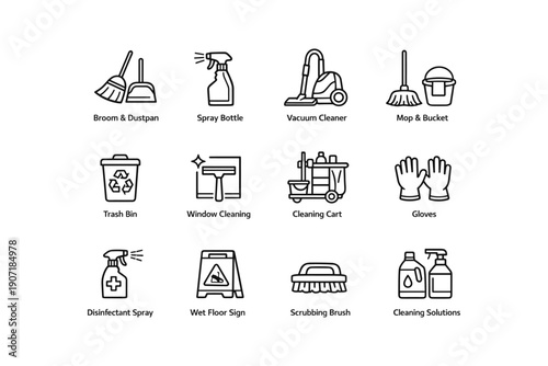 Cleaning icon set: tools for home and commercial maintenance