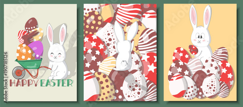 Set of Easter greeting card, flyer design template with chocolate bunny and eggs, Easter sweets. Layout Holidays, presentation, brochure, banner, set, background.