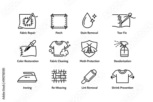 Laundry and fabric care icons: repair, cleaning, protection, deodorization, ironing