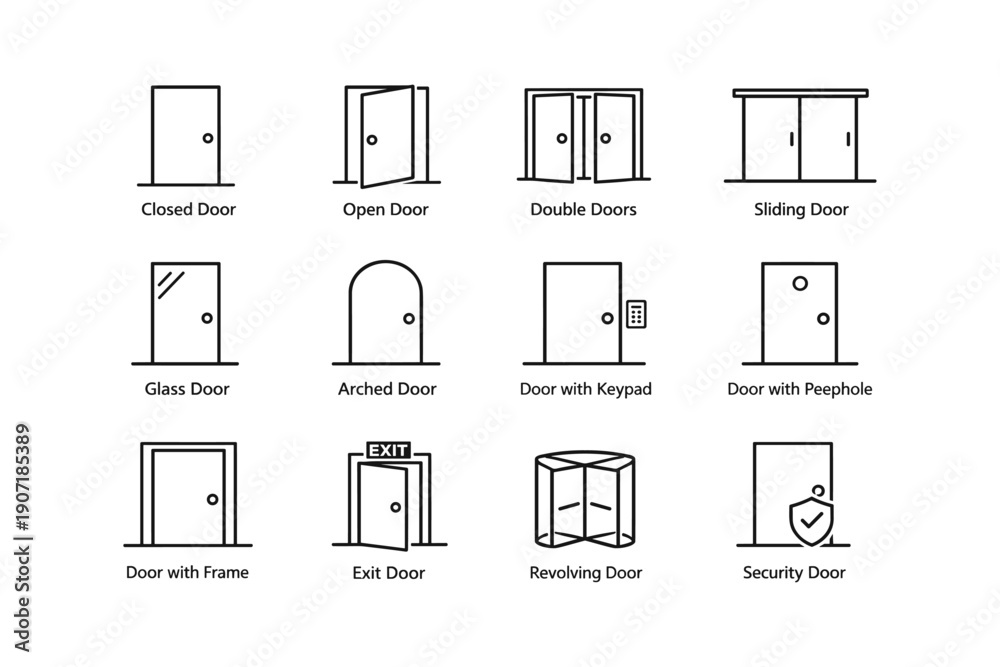Obraz premium Illustrations of various door types: closed, open, double, sliding, glass, arched, keypad, peephole, frame, exit, revolving, security