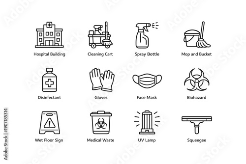 Healthcare and cleaning icons: hospital, cleaning cart, disinfectant, safety gear