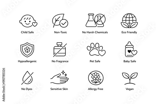 Eco-friendly and safe product icons for sensitive skin and allergy-free living