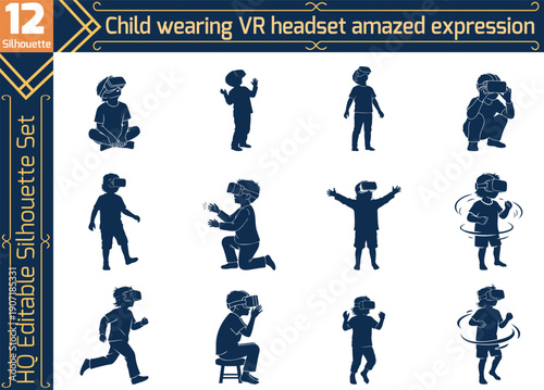 Child Wearing VR Headset Amazed Expression Silhouette Set, Kids Experiencing Virtual Reality and Metaverse, Future Education and Gaming Technology Icons