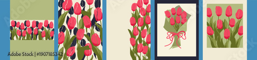 Pink Tulips, tulip greeting cards, poster. Hello Spring frame typography design with spring flowers, Set Template for advertising, web, social media, web