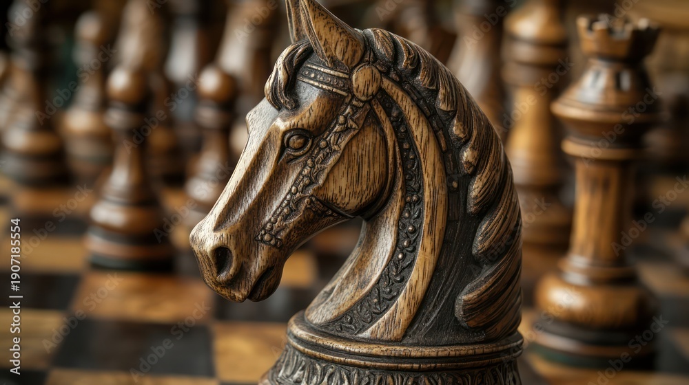 Fototapeta premium Close-up of intricately carved wooden chess knight on a board.