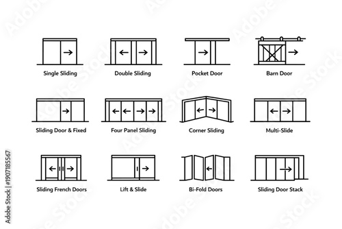 Various sliding door styles and mechanisms illustrated