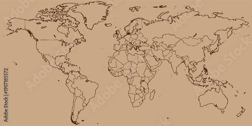 Detailed outline world map with political borders on textured sepia background global continents and countries represented