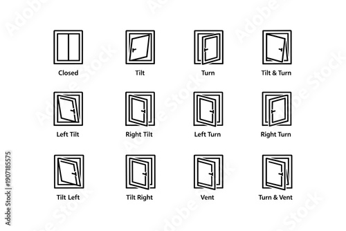 Various window positions and functions illustrated with icons