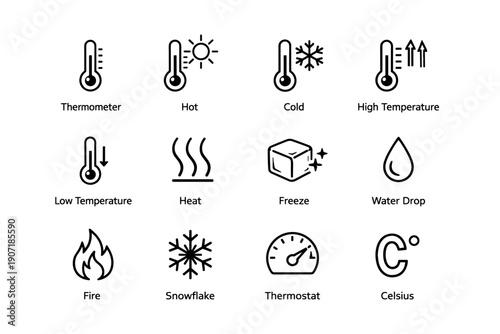 Temperature icons set: thermometer, heat, cold, freeze, celsius symbols
