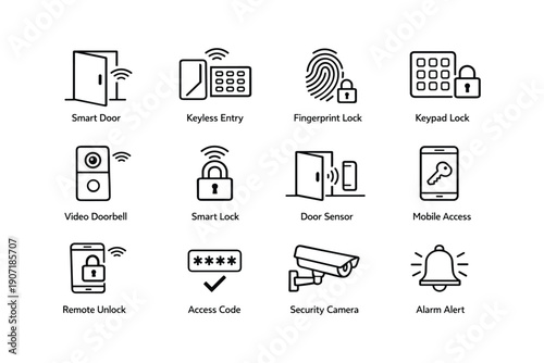 Smart home security icons: door, lock, access, camera, alert
