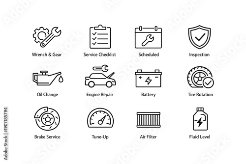 Automotive maintenance icons: wrench, gear, checklist, oil change, battery
