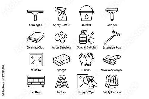 Essential cleaning tools and equipment icons for home maintenance