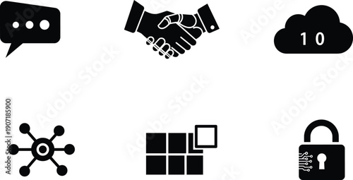 Black and white business and technology icons set including handshake chat cloud lock and network symbols