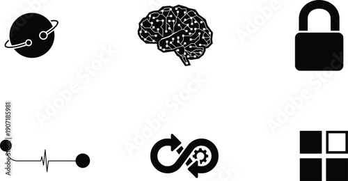 black icons of planet brain lock ecg refresh and grid on white background