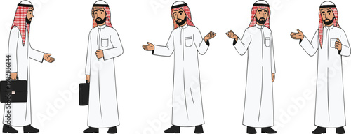 Arab businessman character set wearing traditional clothing professional male poses cartoon vector illustration collection