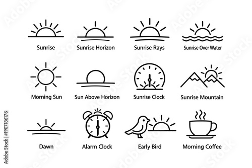 Minimalist sunrise and morning icons including clock, bird, coffee, and sun designs