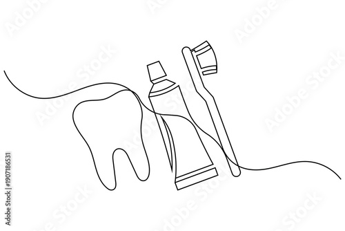 Molar tooth with toothbrush and toothpaste continuous one line drawing minimalist vector illustration