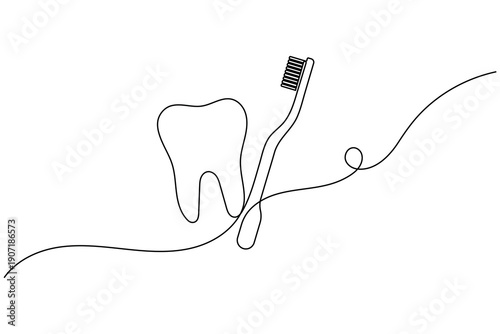 Human tooth and toothbrush continuous one line drawing for dentist clinic minimalist vector illustration