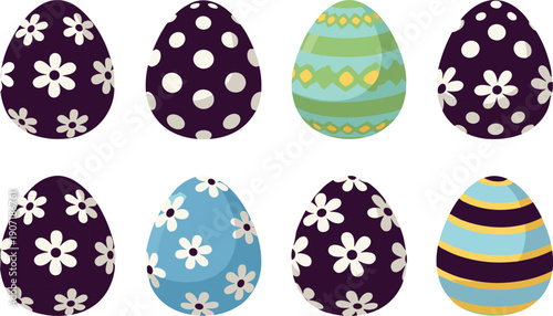 Colorful decorative Easter eggs collection with floral and striped patterns festive spring holiday vector illustration set