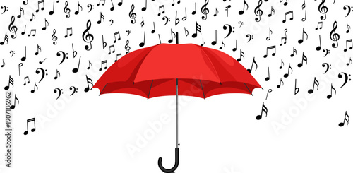 Creative red umbrella illustration with cascading black musical notes and symbols in a modern flat design