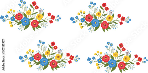 Colorful wildflower bouquet vector set featuring decorative floral arrangements with bright botanical illustration collection