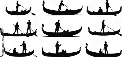 Set of gondola silhouettes with gondoliers rowing traditional Venetian boats, isolated black vector collection showing romantic water transport, classic canal boating illustration design.