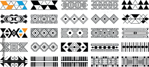 Vector Set of Geometric Tribal Borders, Ethnic Decorative Patterns and Minimalist Abstract Line Ornaments for Textile and Branding