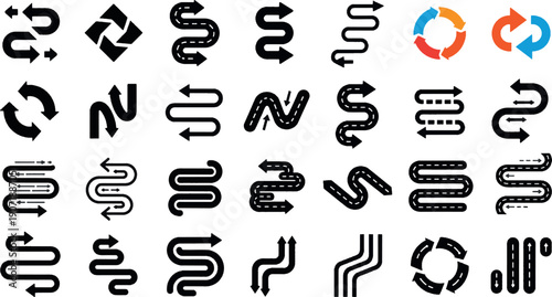 Vector Set of Curved Arrow Icons, Winding Road Path Symbols and Circular Cycle Diagrams for Logistics and Navigation Design