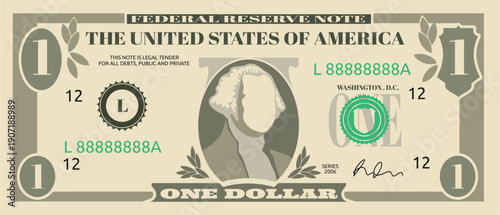 Dollar banknote front template. American currency. Money cash