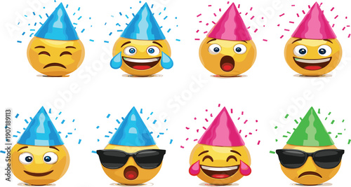 Cute party emoji faces vector illustration set featuring cartoon celebration characters with colorful hats and funny expressions