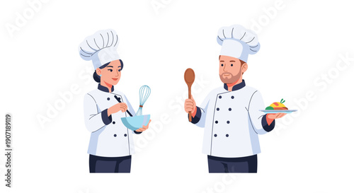 A female chef stirring a bowl, next to a male chef holding a spoon and plate of food, both in white uniform and hat.