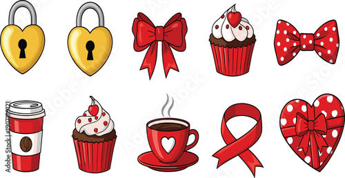Cute red Valentine icon vector set featuring hearts bows cupcakes and love themed decorative illustrations collection